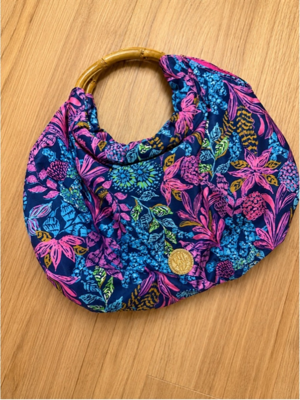 Lilly Pulitzer Bamboo Handle Floral Hobo Shoulder Bag Blue Pink Tropical Print